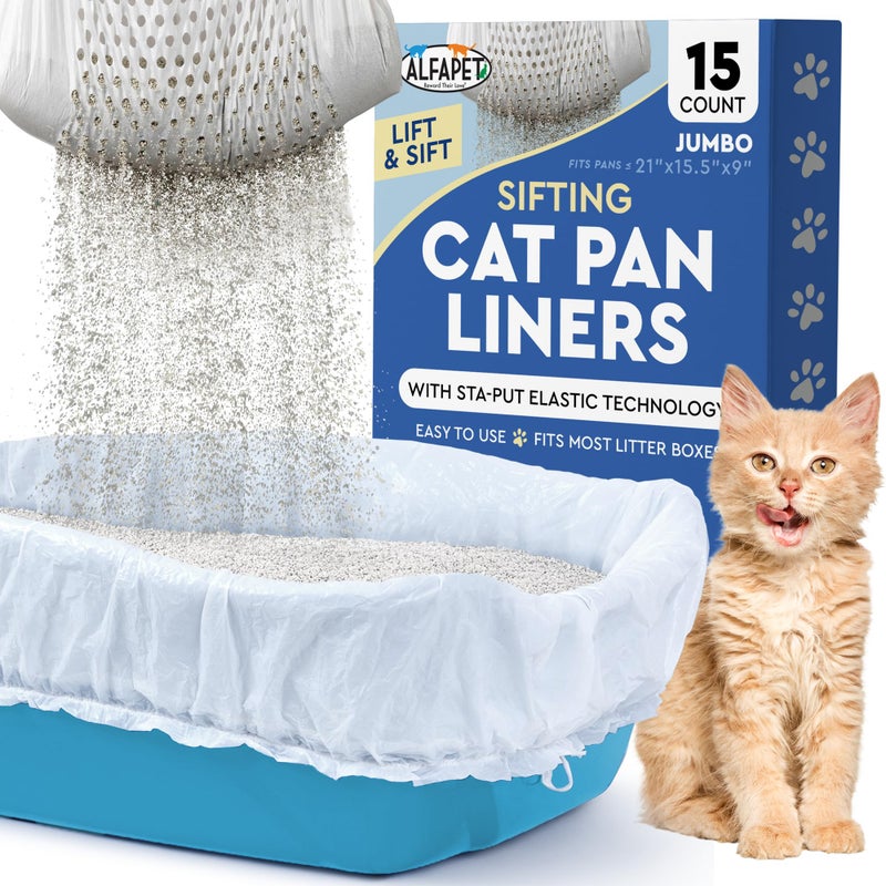 Alfapet Sifting Cat Litter Box Liners - Jumbo 15 Count, Pack of 5 - Tear-Resistant Cat Litter Bags, Waterproof Kitty Litter Liners, Fits Litterbox Pan Sizes X-Large, X-Giant, 37" x 18" 30 lb Capacity - Image 1